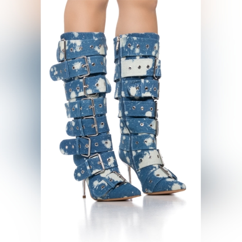 Azalea Wang " Washed Denim Domination" Buckled Denim Stiletto Boots In Blue